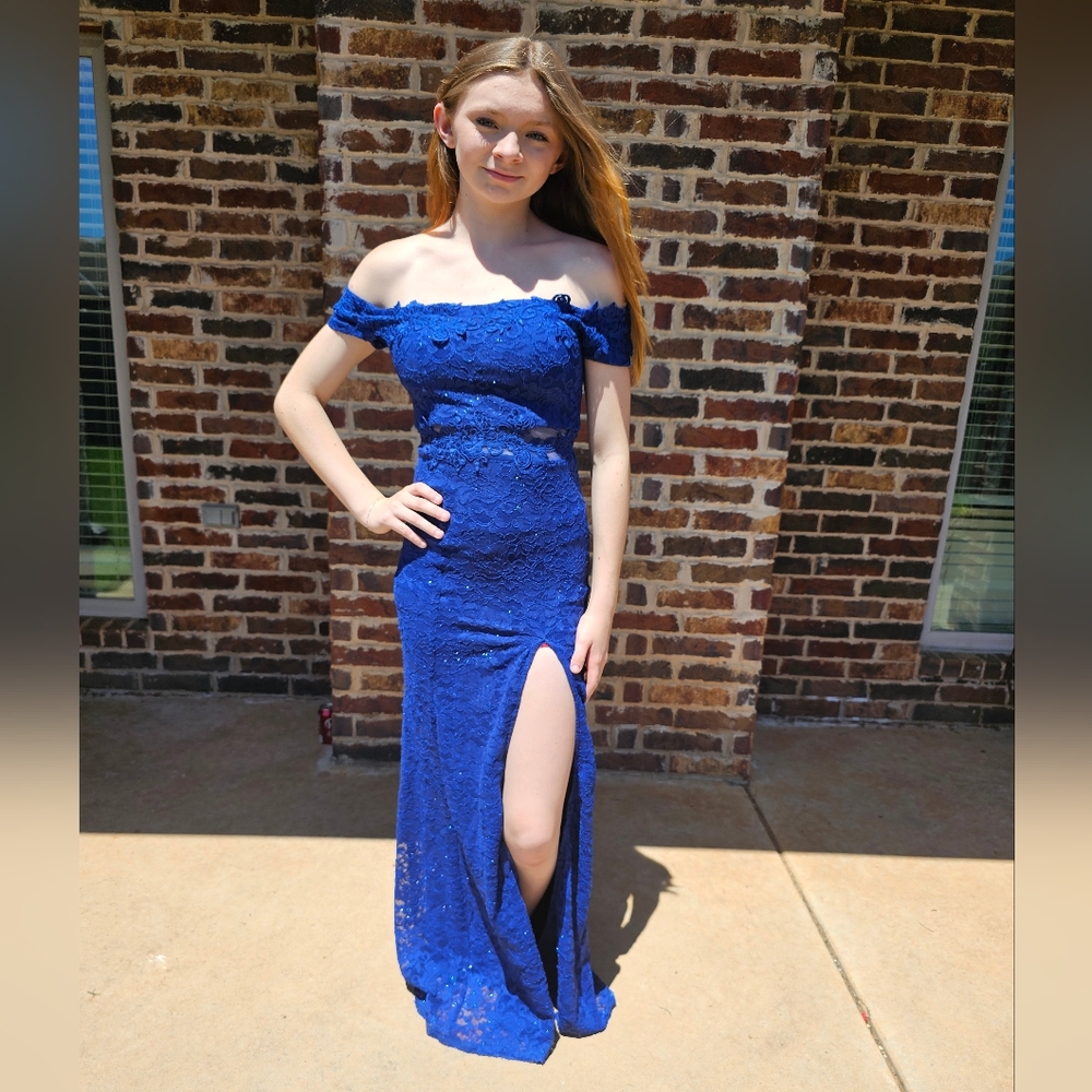 Sequin Hearts Blue Off-Shoulder Flutter Sleeve Gown